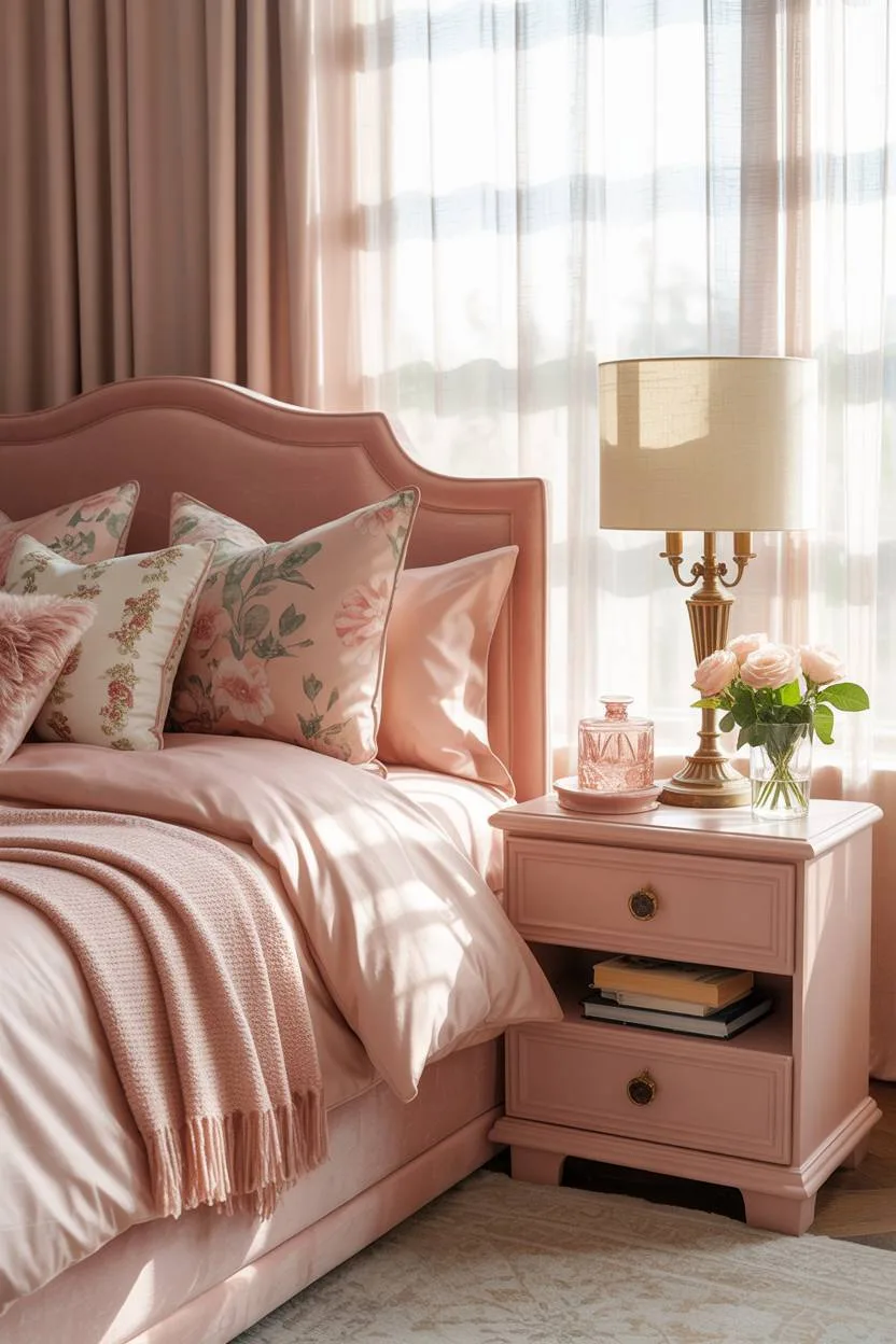 Pink bedroom featuring queen bed with blush comforter, patterned pillows, and brass reading lamp