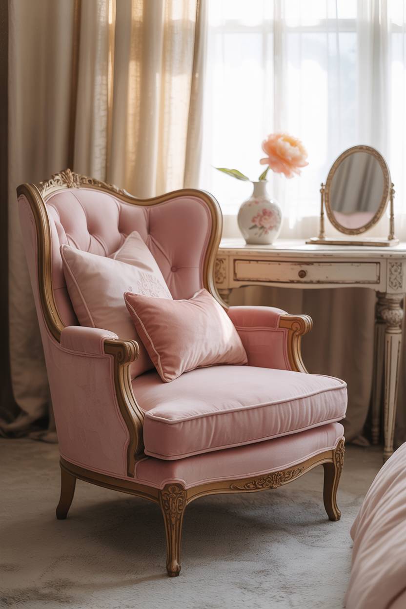 Pink velvet armchair in bedroom with gold accents, vintage vanity, and single peony
