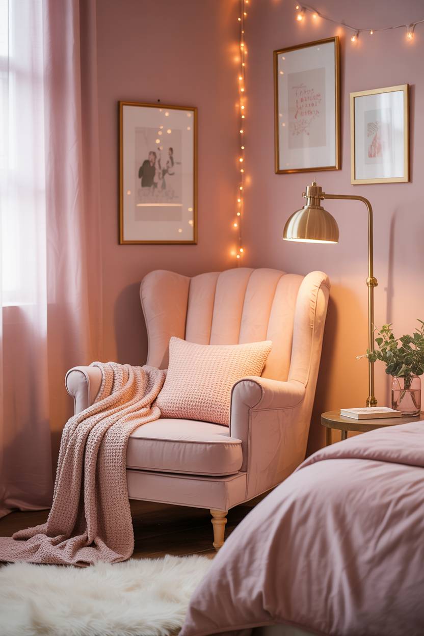 Pink bedroom reading nook with armchair, brass lamp, fairy lights, and white rug