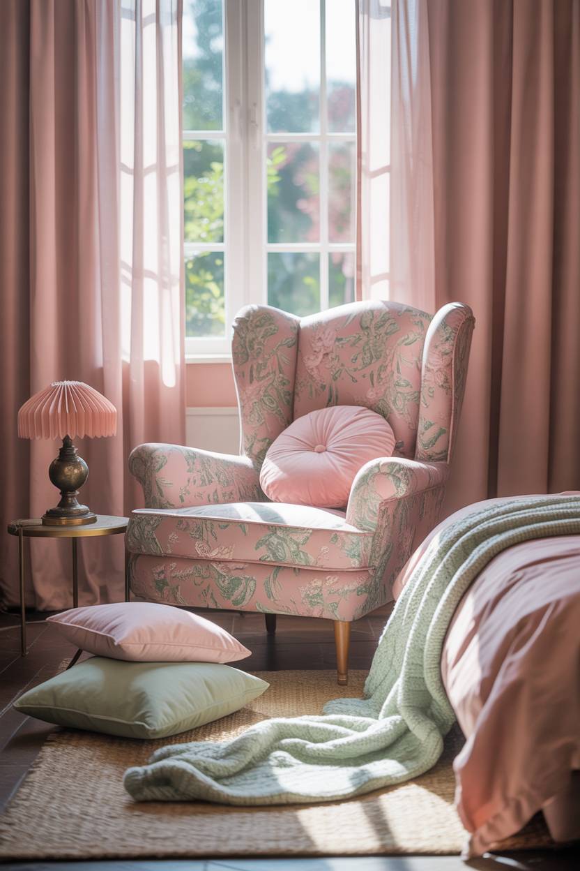 Bedroom with pink and green floral armchair, sheer curtains, and vintage pink lampshade