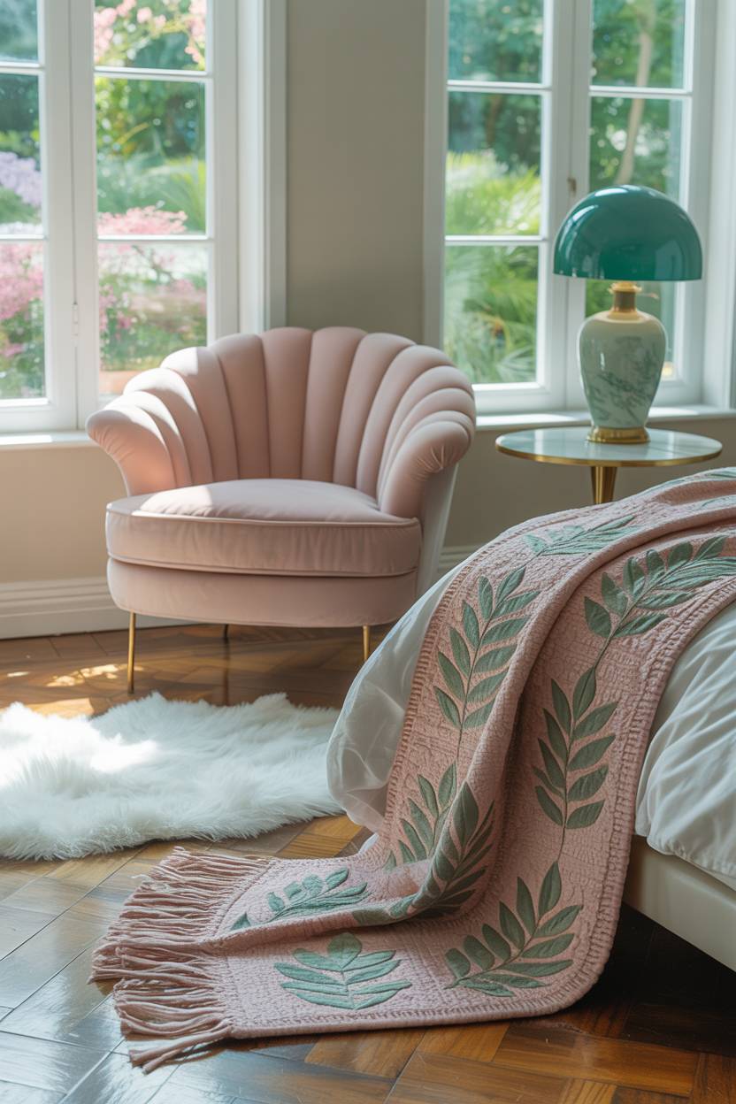 Pink velvet armchair beside round table with jade lamp, overlooking lush garden through large windows