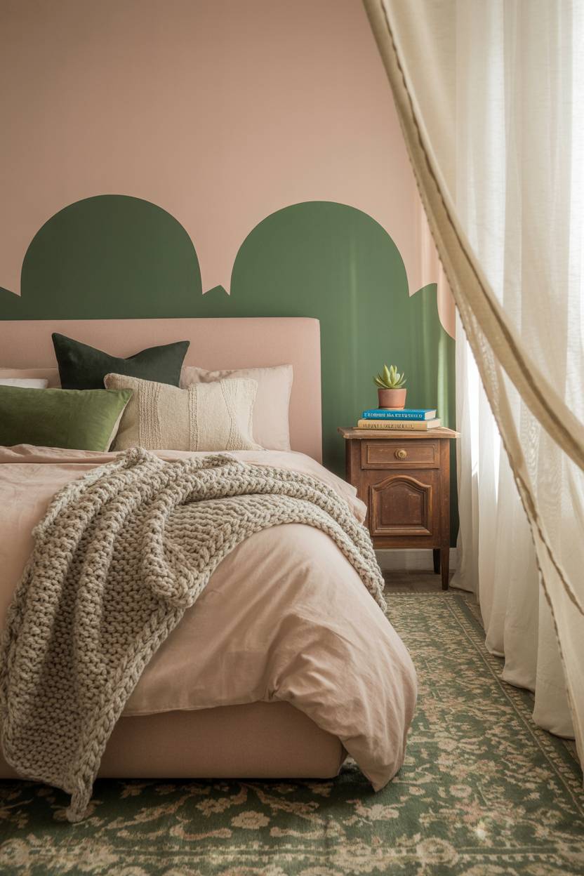 Pink and green bedroom with oversized bed, knitted throw, succulent plant, and patterned rug