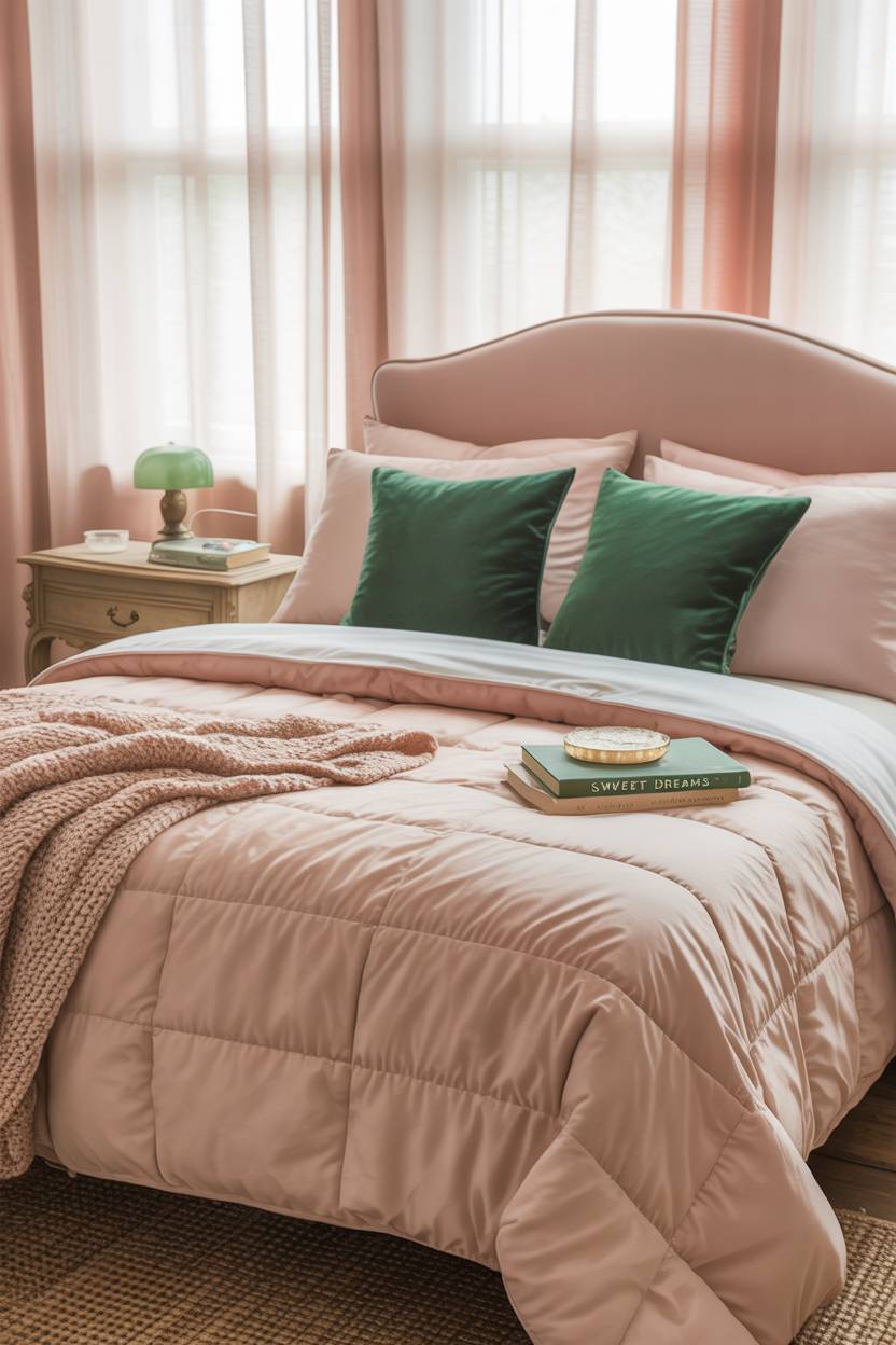 Pink bedroom with quilted comforter, emerald throw pillows, and green-shaded bedside lamp