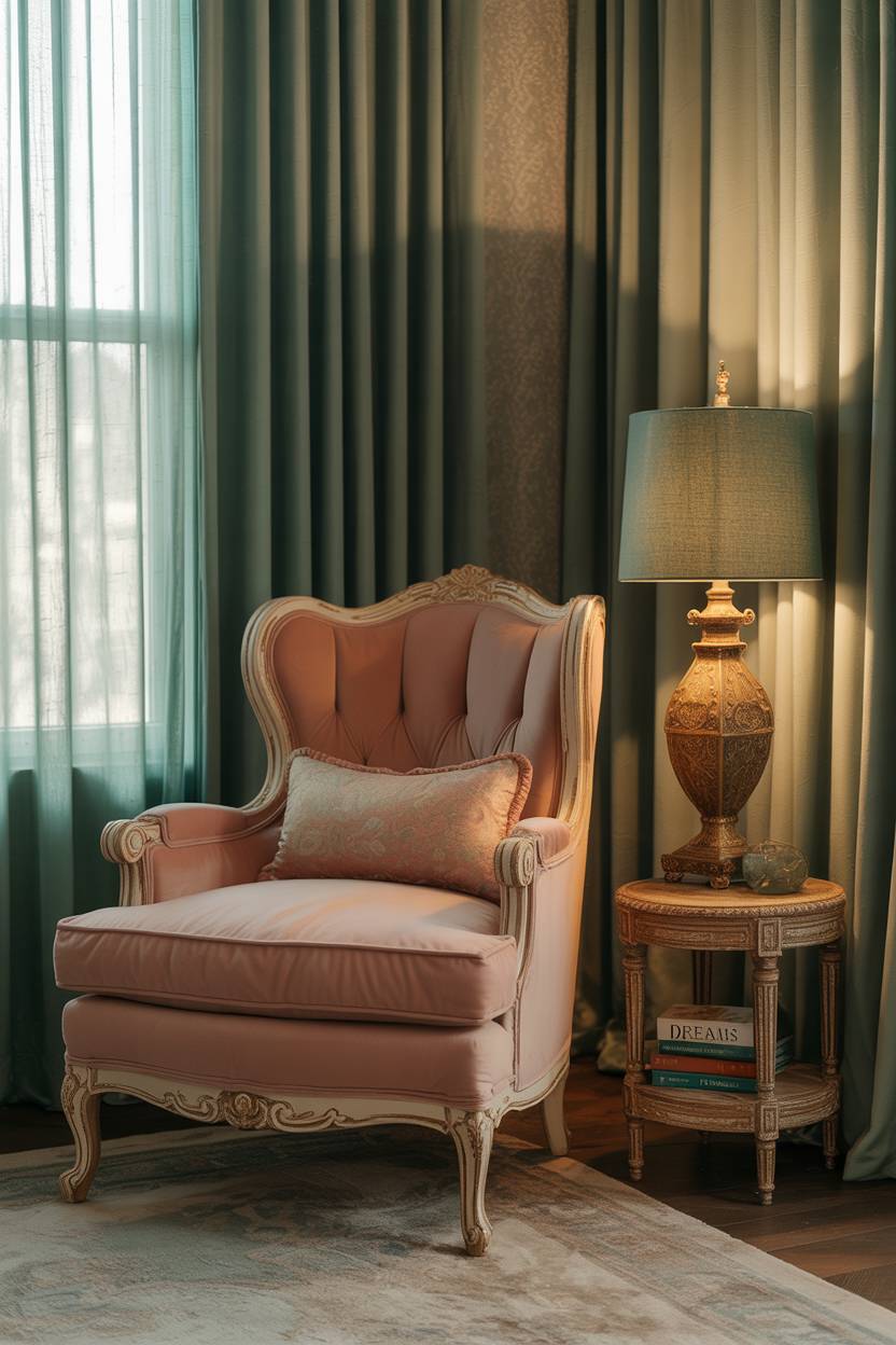 Pink velvet armchair with carved wooden base near window with flowing emerald curtains