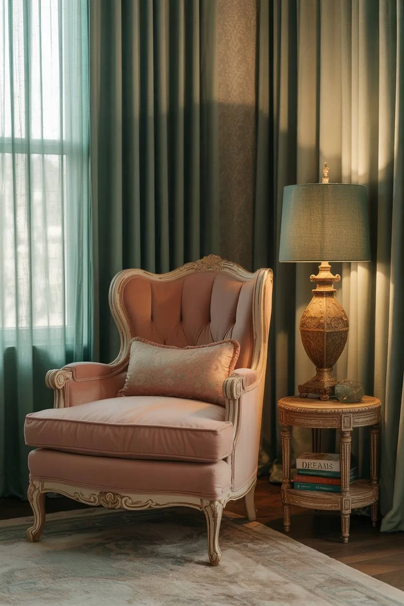Pink velvet armchair with carved wooden base near window with flowing emerald curtains