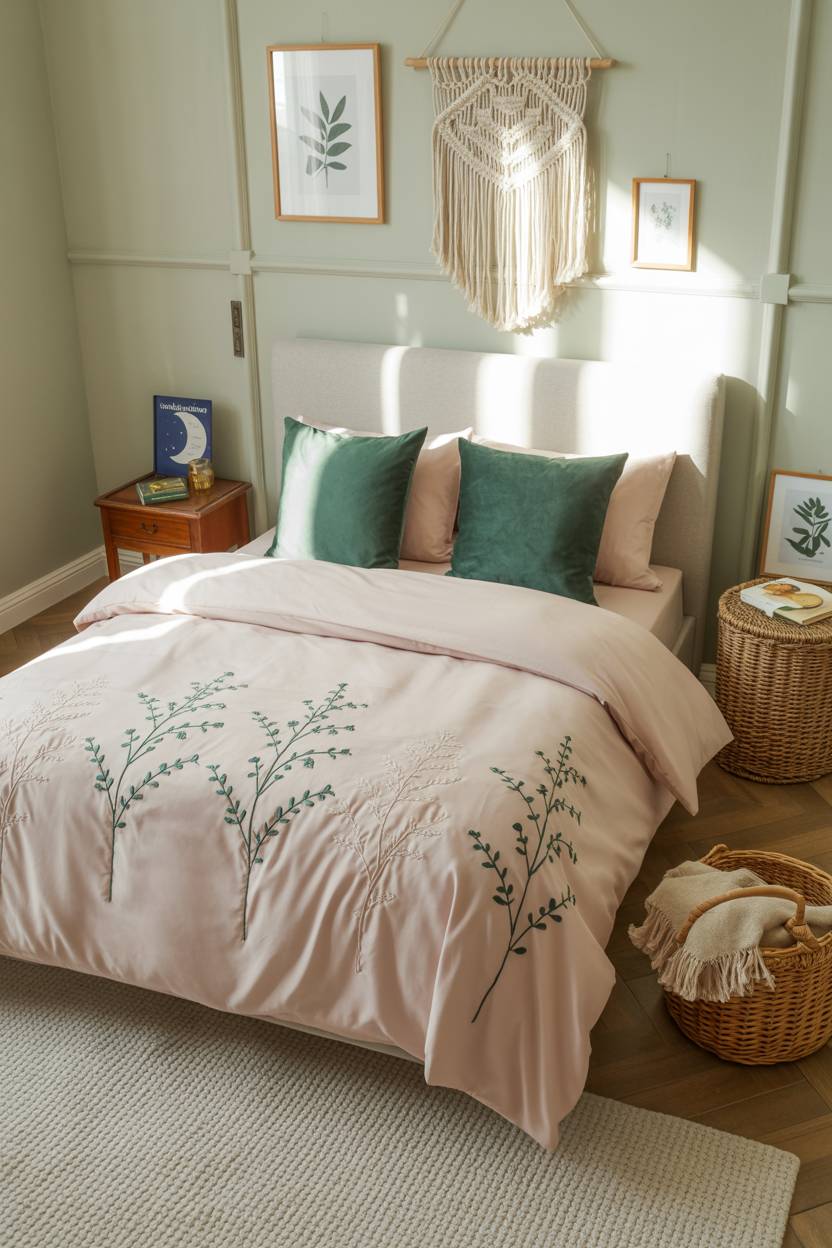 Pink and sage green bedroom with botanical embroidered bedding and framed botanical prints