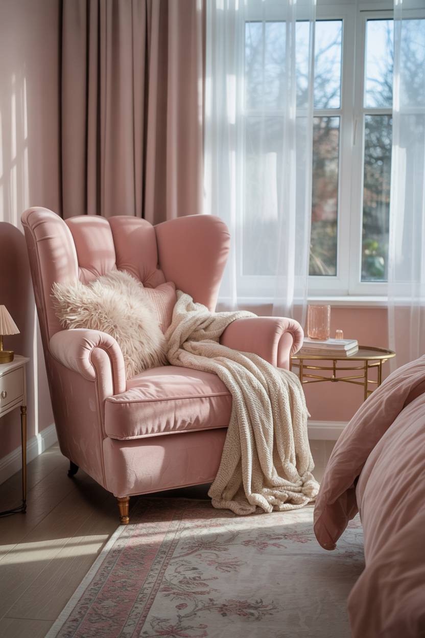 Pink bedroom with oversized velvet armchair, floral rug, and vintage bedside lamp
