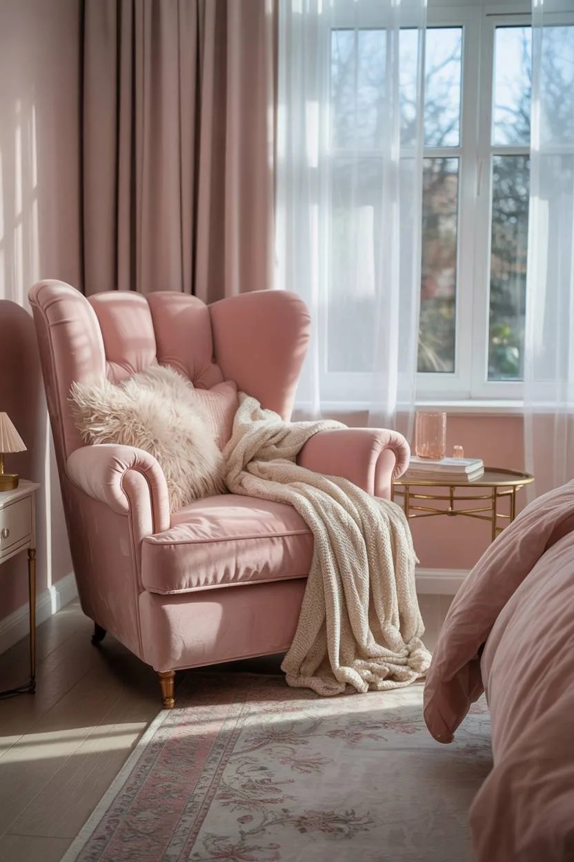 Pink bedroom with oversized velvet armchair, floral rug, and vintage bedside lamp
