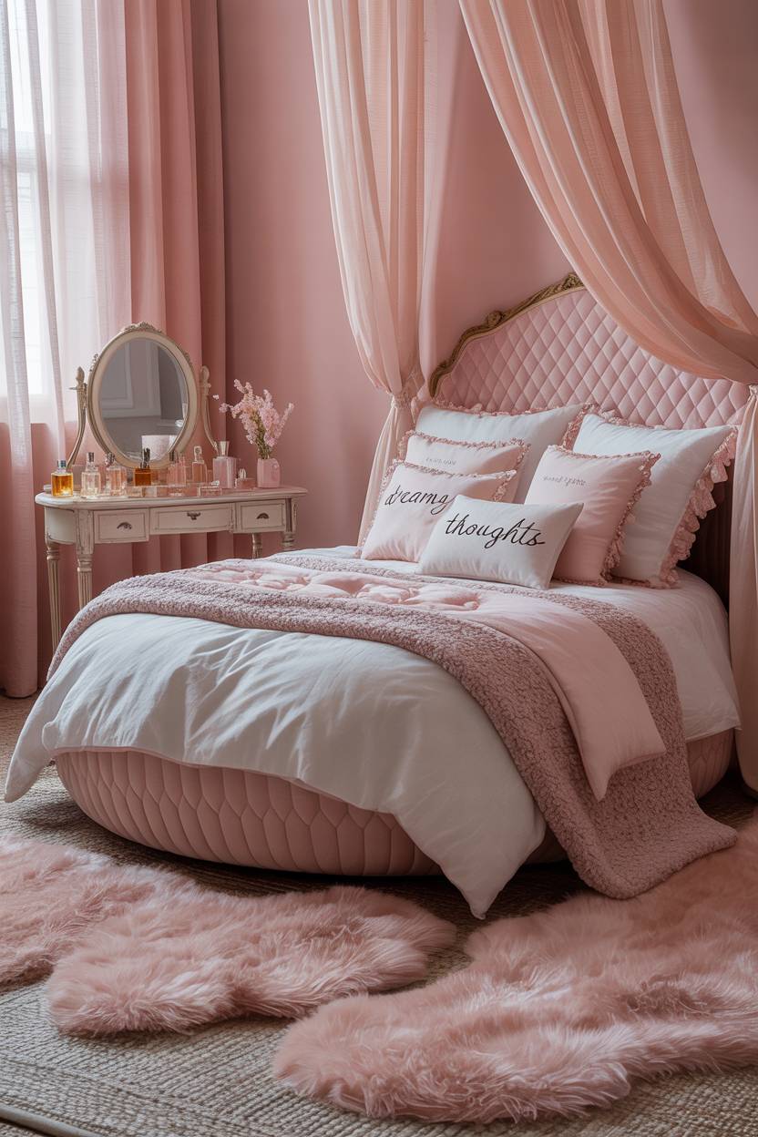 Girly pink bedroom with circular quilted bed, vintage vanity, and flowing curtains