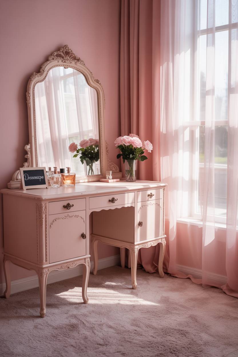 Pink bedroom featuring ornate vintage vanity with mirror, perfume bottles, and pink roses