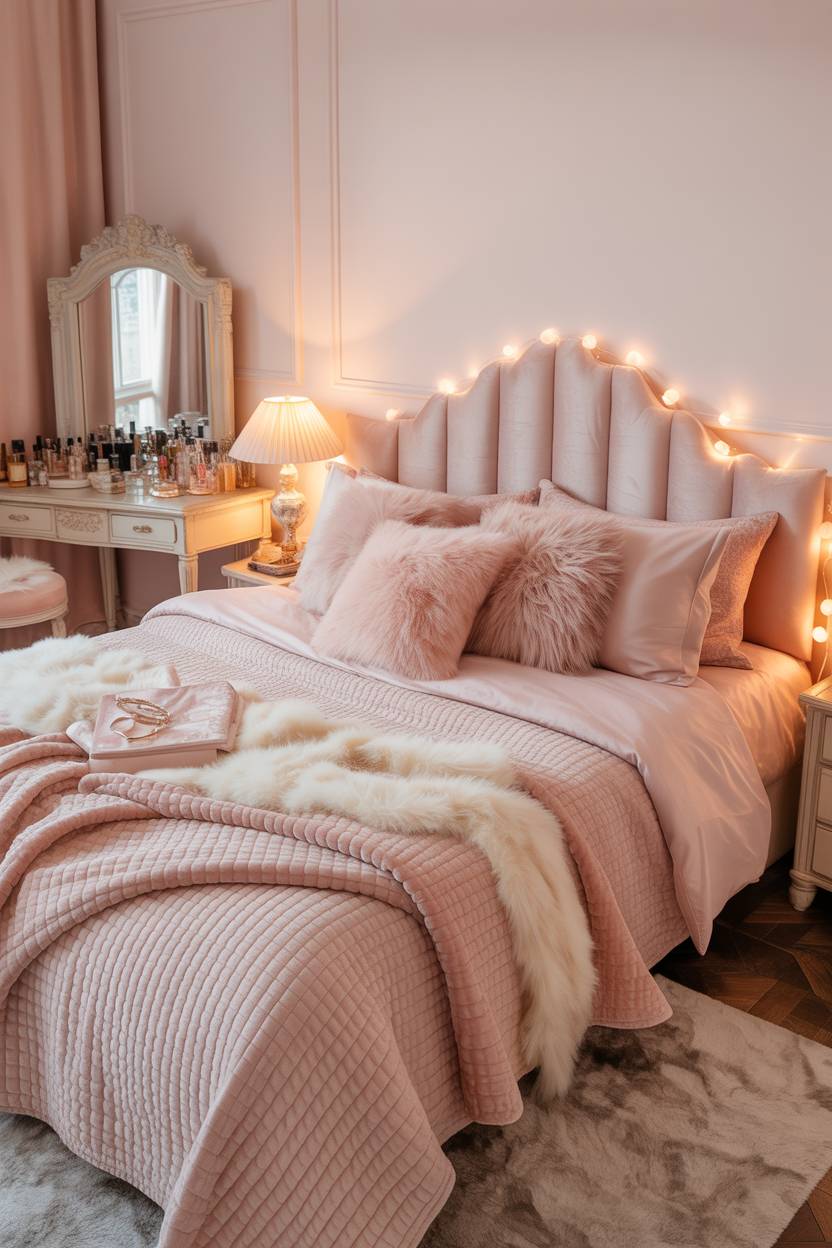 Pink bedroom with textured blankets, faux fur throw, vintage vanity, and fairy lights on headboard
