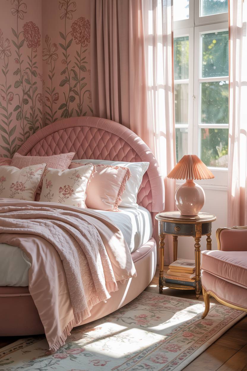 Bright pink bedroom with circular quilted bed, floral wallpaper, and cozy reading nook