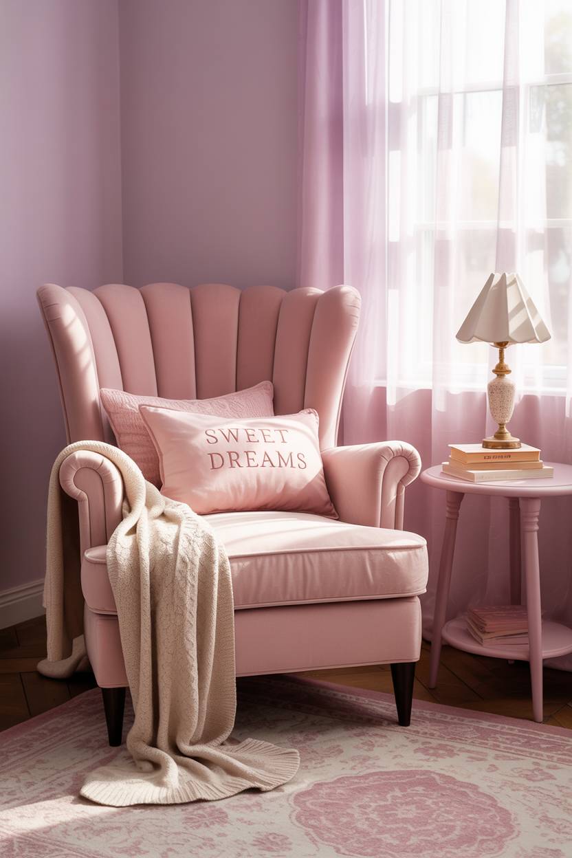 Pink bedroom with velvet armchair, cream throw, "sweet dreams" pillows, and lavender walls