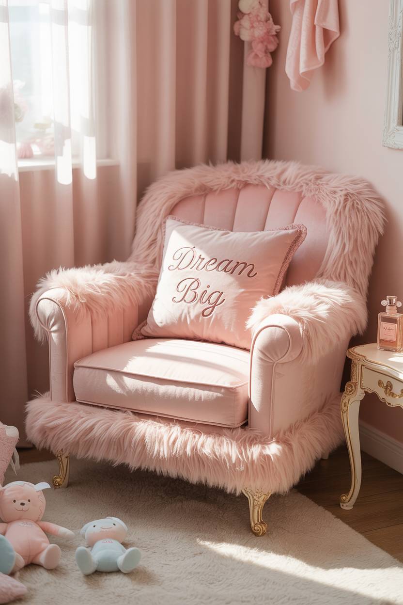 Pink bedroom with fluffy velvet armchair, gold accents, plush toys, and antique vanity