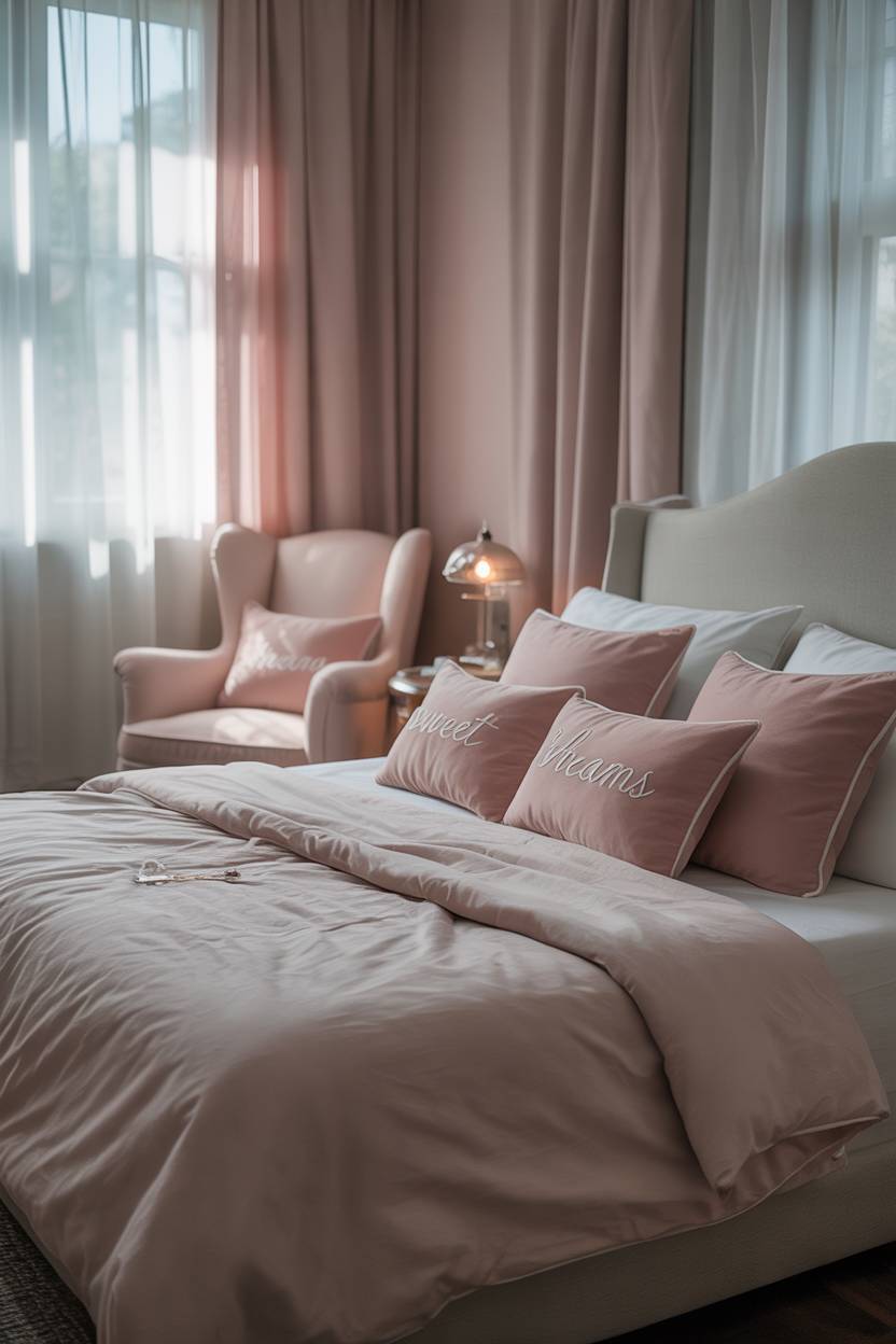 Pink and grey bedroom with king bed, "sweet dreams" embroidered pillows, and corner armchair
