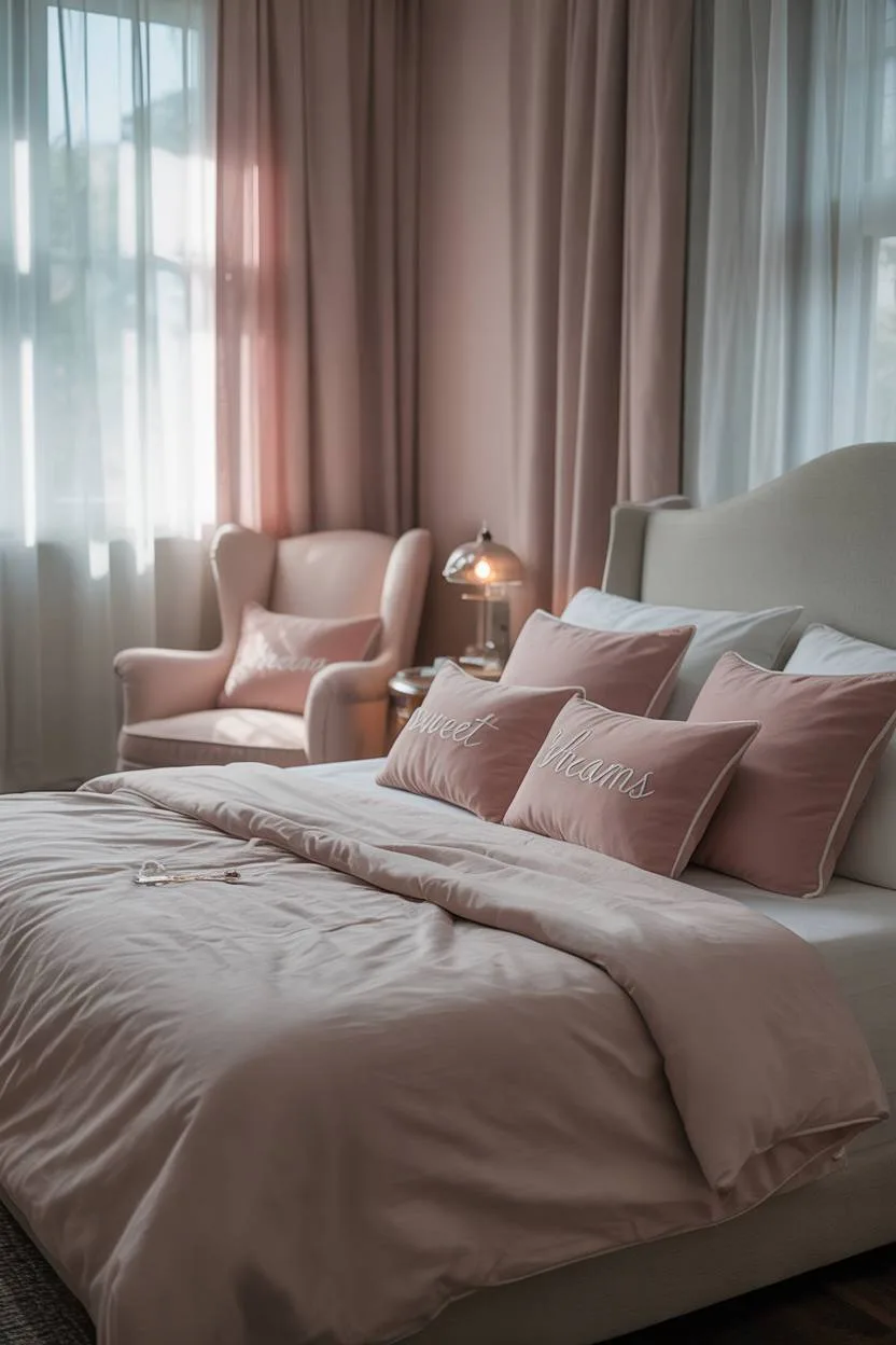 Pink and grey bedroom with king bed, "sweet dreams" embroidered pillows, and corner armchair
