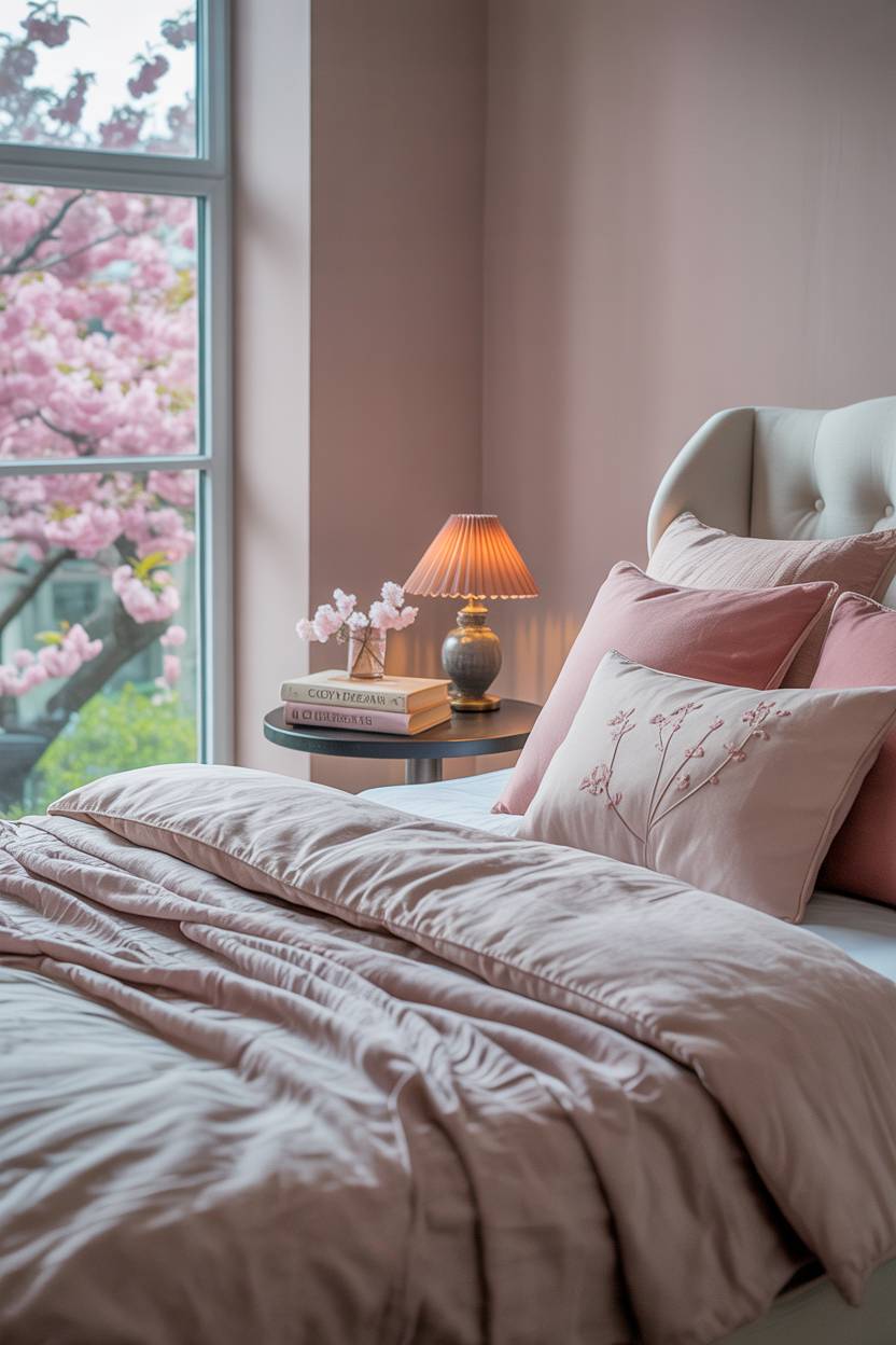 Pink and grey bedroom with cherry blossom tree view, vintage pink lampshade, and floral pillows