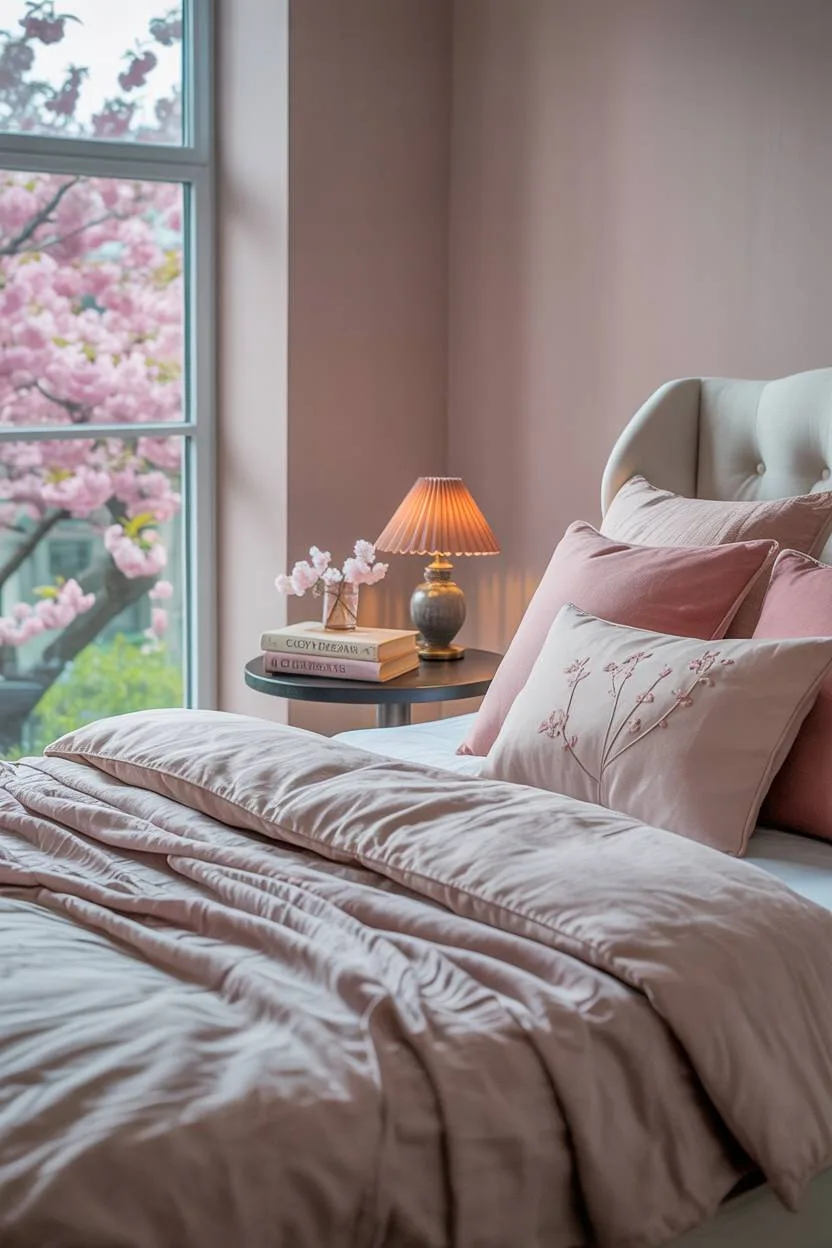 Pink and grey bedroom with cherry blossom tree view, vintage pink lampshade, and floral pillows