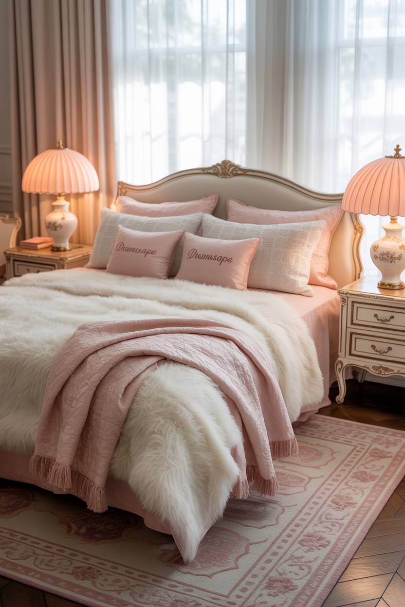 Feminine bedroom with white duvet, "DREAMSCAPE" embroidered pillows, and patterned rug