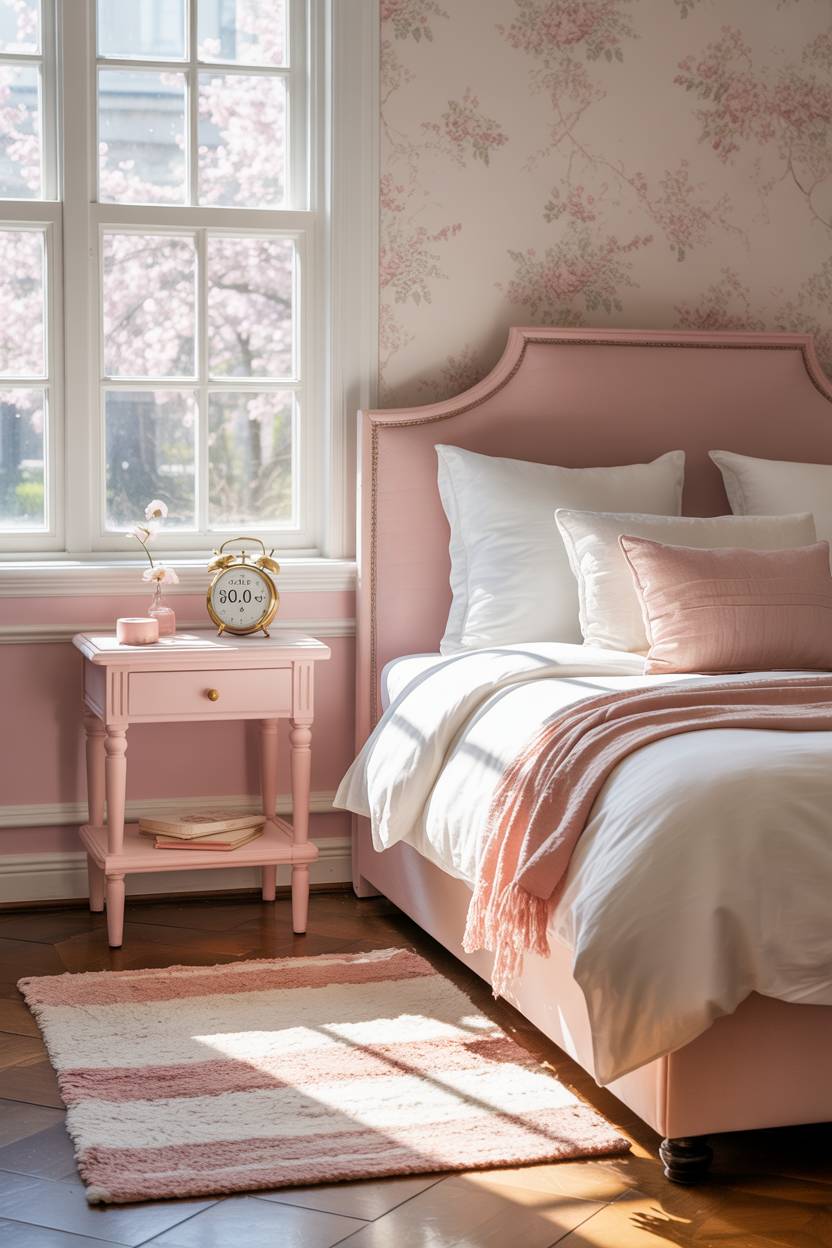 Pink and white bedroom with morning light, vintage alarm clock showing 6:00 AM, and cherry tree view