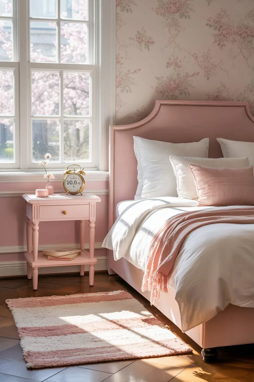 Pink and white bedroom with morning light, vintage alarm clock showing 6:00 AM, and cherry tree view