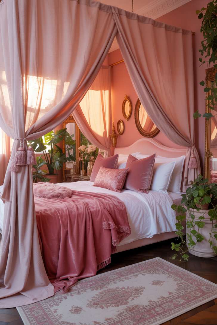 Luxurious pink bohemian bedroom with canopy bed and flowing dusty rose fabrics