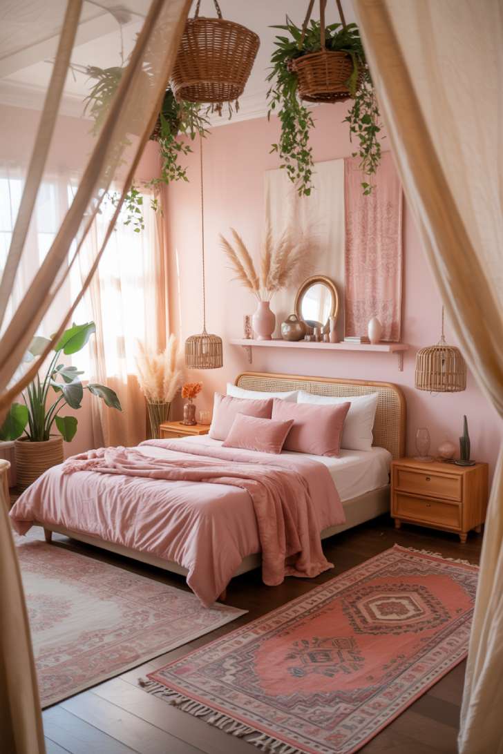 Bohemian bedroom featuring low platform bed with blush velvet pillows and Persian rugs