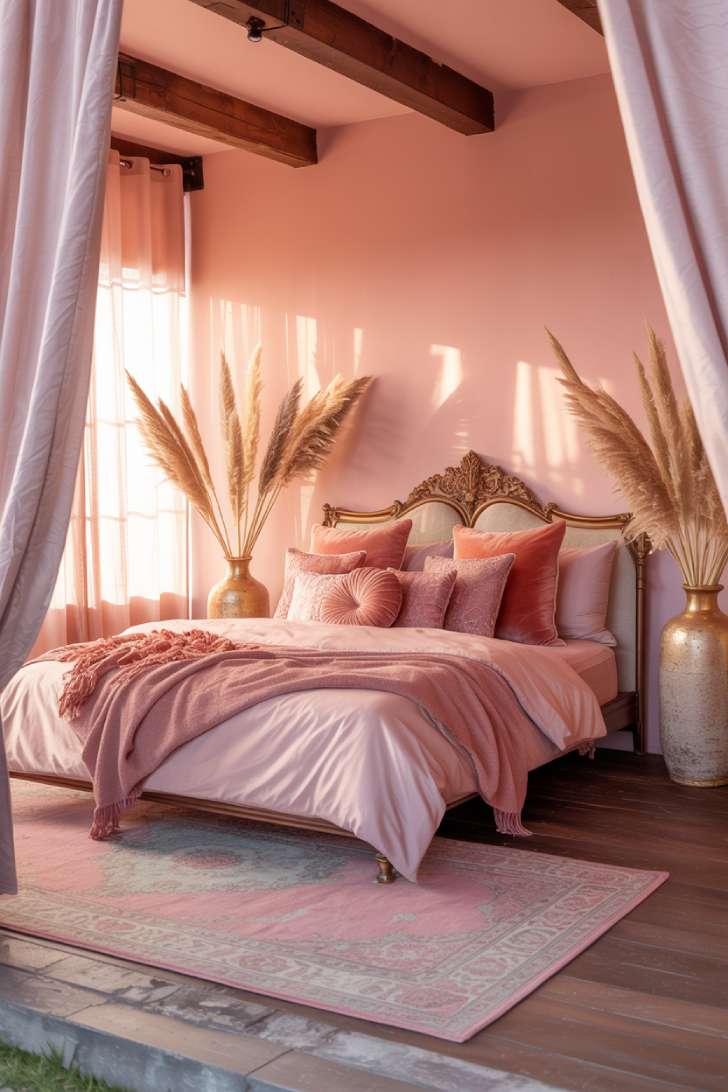 Stylish bohemian bedroom with rose gold accents and ornate vintage brass headboard