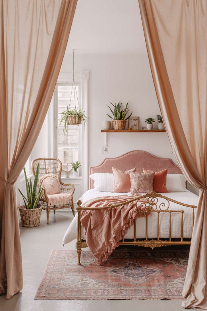 Perfectly styled bohemian bedroom with plush velvet pink headboard and brass bed frame