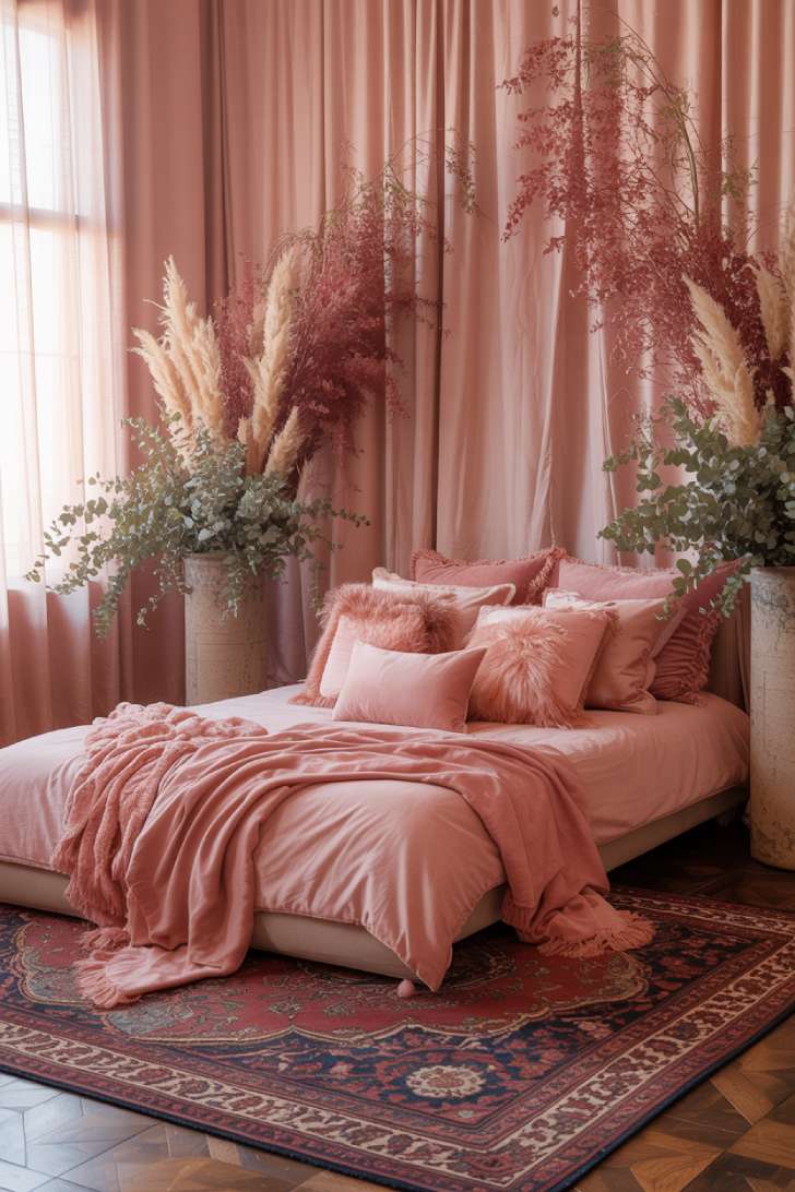 Luxurious pink bohemian bedroom with abundant velvet and silk pillows and Persian rugs