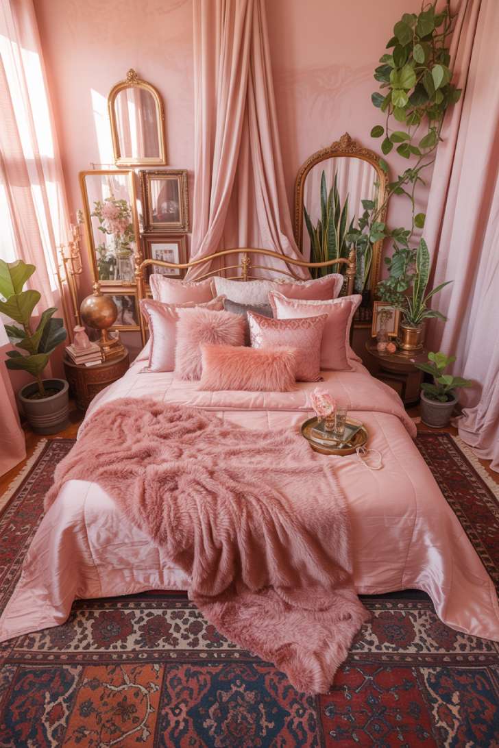 Luxury pink bohemian bedroom with ornate brass bed frame and cascading faux fur blanket