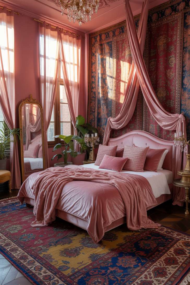Stunning pink bohemian bedroom with jewel-toned tapestries and crystal chandelier