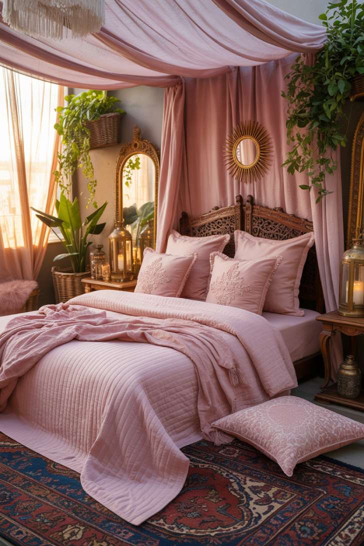 Stylish pink bohemian bedroom with intricate embroidered pillows and sun-burst mirrors