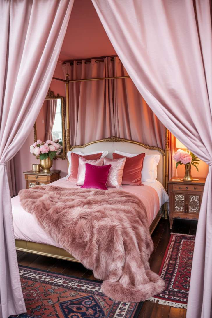 Luxury pink bohemian bedroom with brass four-poster bed and fresh peonies