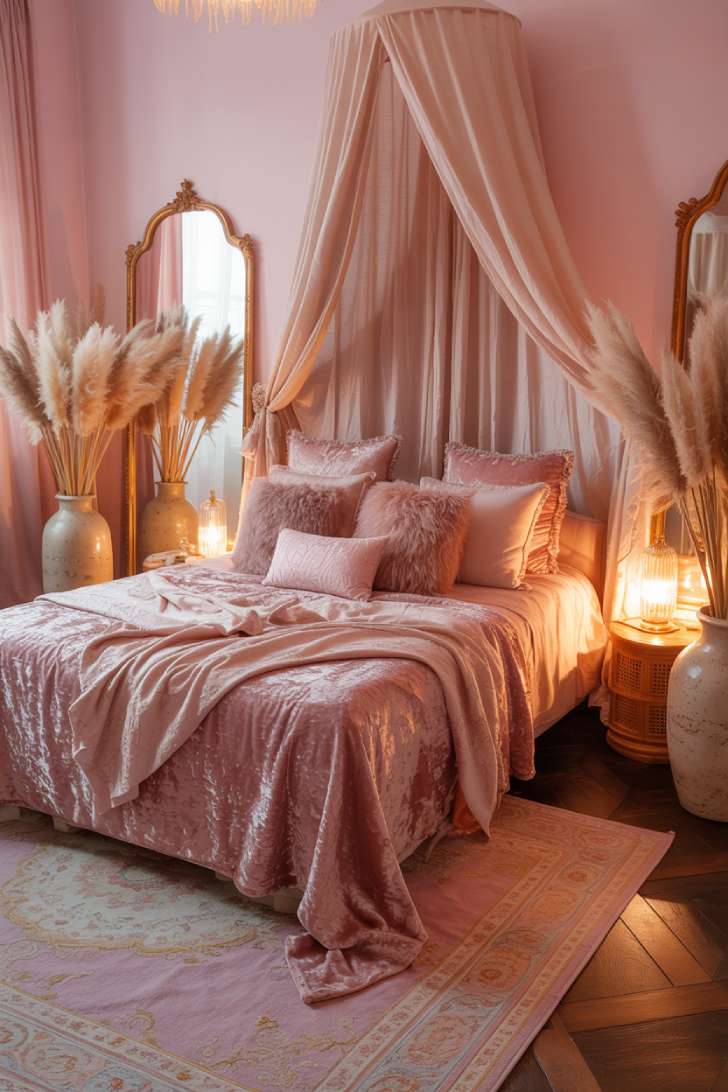 Stunning pink bohemian bedroom with flowing sheer canopy and gilded mirrors