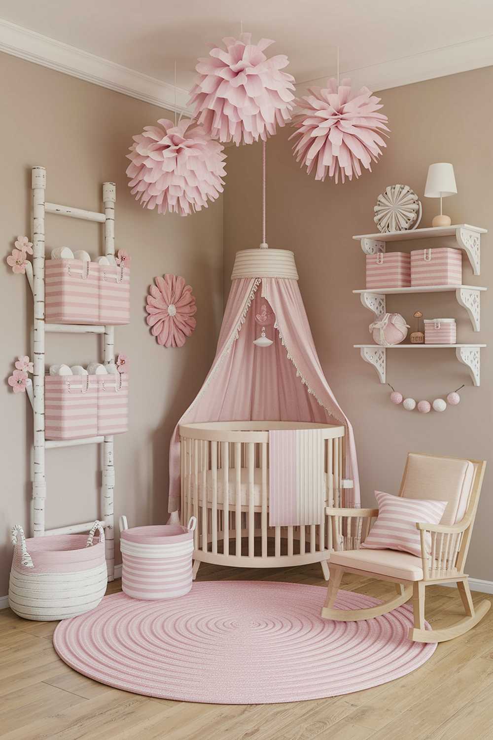 A pink boho nursery room decor. The room has a beige wall and a wooden floor. There is a pink and white striped bassinet in the corner. On the wall, there is a white wooden ladder with a few pink and white striped storage baskets. There is a pink and white striped rug on the floor. There are pink and white floral decorations hanging from the ceiling. There is a wooden rocking chair near the bassinet. On the wall near the rocking chair, there is a white wooden shelf with a few pink and white striped storage baskets. There is a small table near the shelf with a white lampshade. The room has a few decorative items, such as a pink and white striped pillow, a white lampshade, and a few pink and white floral decorations.