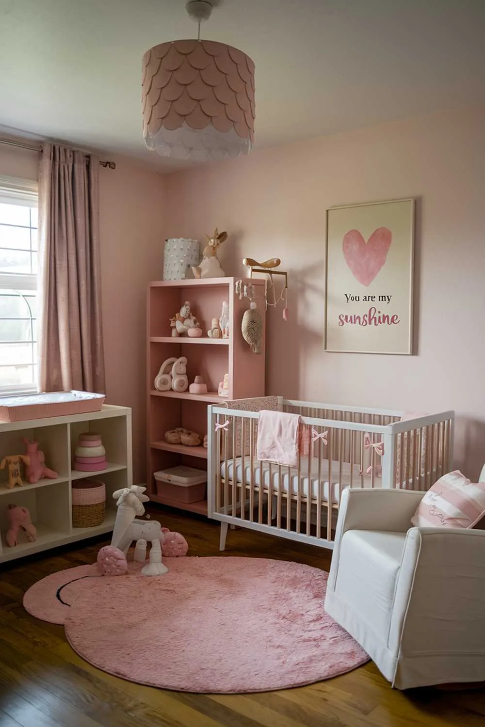 A pink boho nursery room decor. There's a white crib with a pink bedding set, a pink and beige rug, a white rocking chair, a beige bookshelf with pink and beige toys, a pink lampshade on a white lamp, and a beige wall art with a pink heart and the text "You are my sunshine". The room has a beige curtain and a wooden floor.