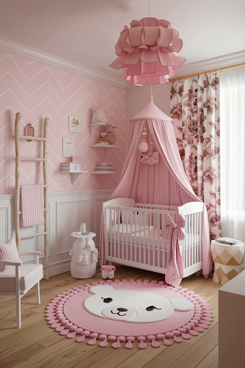 A pink boho nursery room decor. The room has a pink and white colour scheme with boho chic decor elements. There is a pink and white striped crib in the corner. On the wall, there is a pink and white chevron patterned wallpaper, as well as a white wooden ladder. On the floor, there is a white and pink bear rug. There are also pink and white floral curtains. The room has a white wooden chair and a white wooden side table.