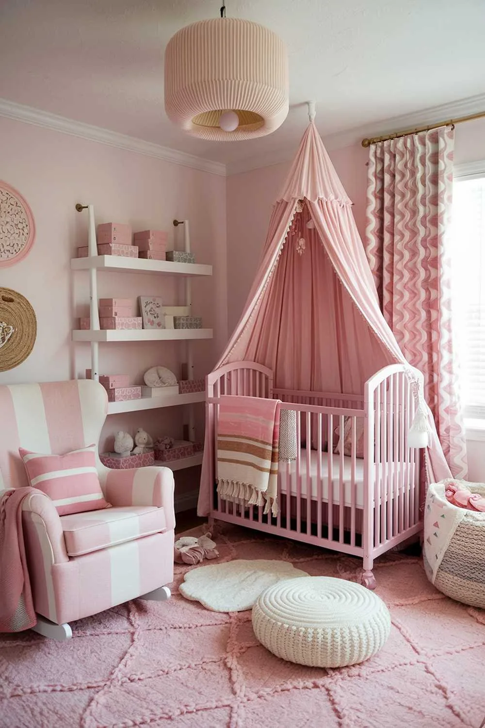 A stylish pink boho nursery room decor with a highly detailed and cozy atmosphere. There is a pink crib with a white crib sheet and a pink and white striped blanket. There is a white rocking chair with pink and beige stripes next to the crib. The room has a pink rug, a beige lampshade, a white bookshelf with pink and white books, and a pink and white patterned curtain. There is a beige blanket and a white cushion on the floor. The walls are painted in a light pink hue.