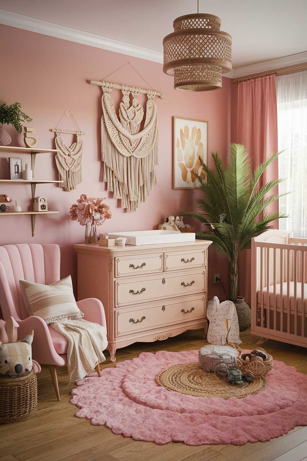 A highly detailed and stylish image of a cozy pink boho nursery room decor. The room has a soft pink color scheme, with elements such as a vintage dresser, a plush rug, a macrame wall hanging, and a few decorative items. There's a crib in the corner.