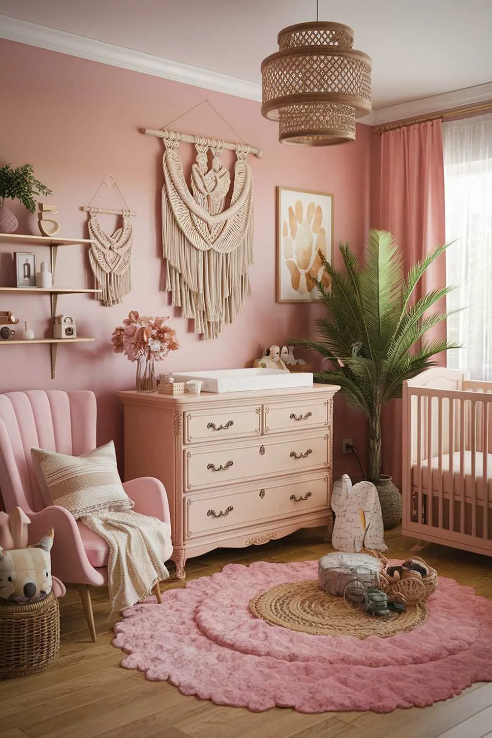 A highly detailed and stylish image of a cozy pink boho nursery room decor. The room has a soft pink color scheme, with elements such as a vintage dresser, a plush rug, a macrame wall hanging, and a few decorative items. There's a crib in the corner.