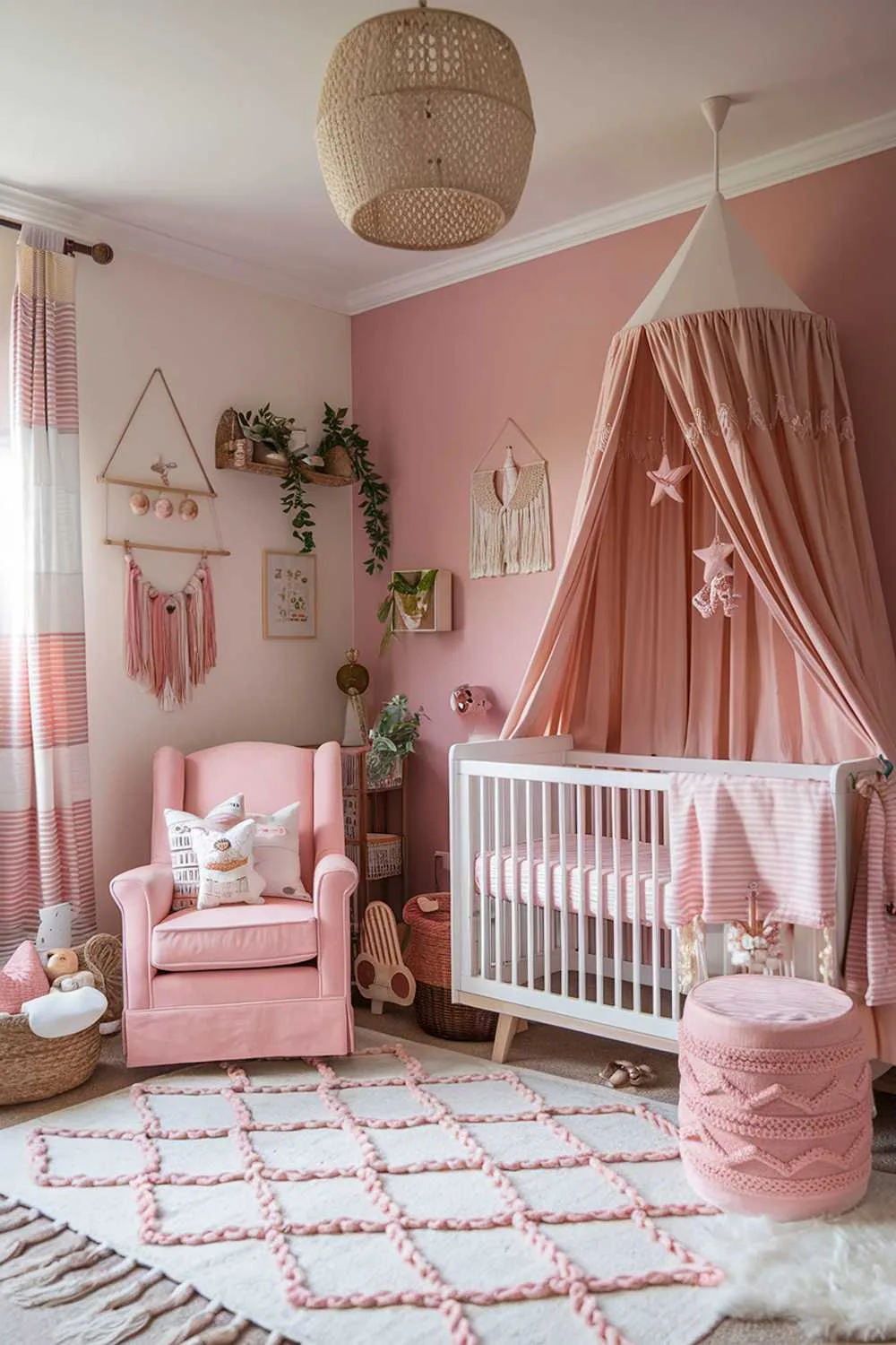 A highly detailed, stylish, and cozy pink boho nursery room decor. The room has a pink wall and a white wooden crib with a pink and white striped sheet. There is a pink chair with a white frame near the crib. The floor is covered with a white and pink patterned rug. There is a pink and white striped curtain near the crib. The room has various pink and white decor items, such as a lampshade, a wall hanging, and a mobile. The walls are adorned with decorative items, including a wooden sign, a framed artwork, and some greenery.