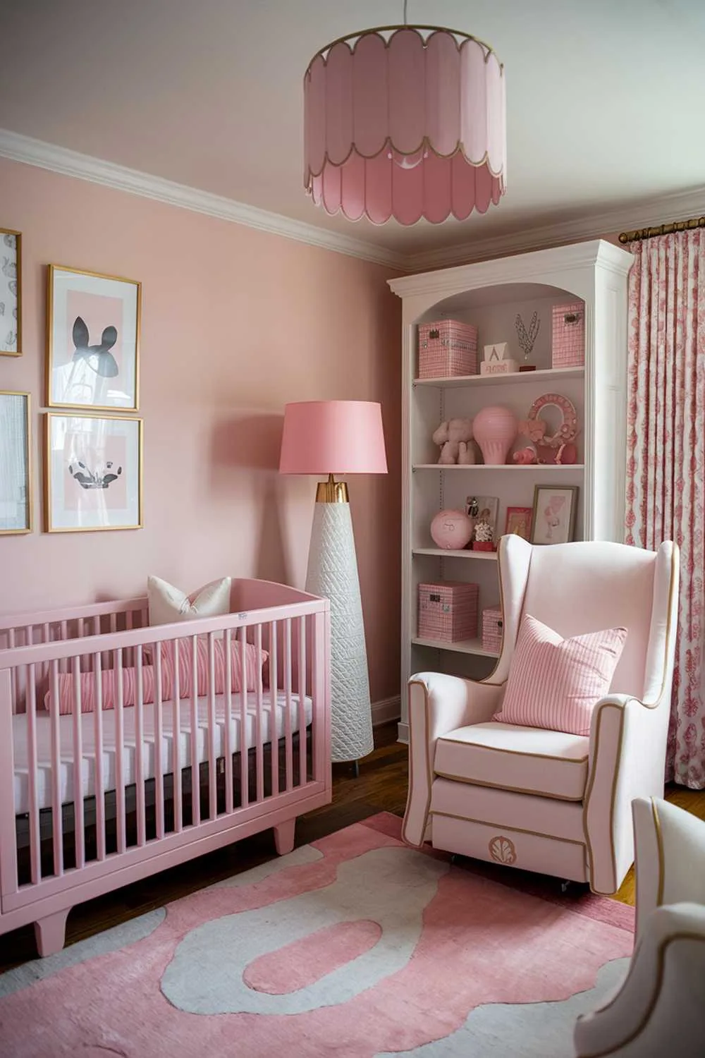 A pink boho nursery room decor. There's a pink crib with a white crib sheet and a pink and white striped pillow. A white rocker with pink and gold accents is placed near the crib. There's a pink lampshade on a white lampstand near the rocker. The room has a pink rug and a white bookshelf with pink and white items. There's a white chair with pink and gold accents near the bookshelf. The walls are painted in a light pink hue.