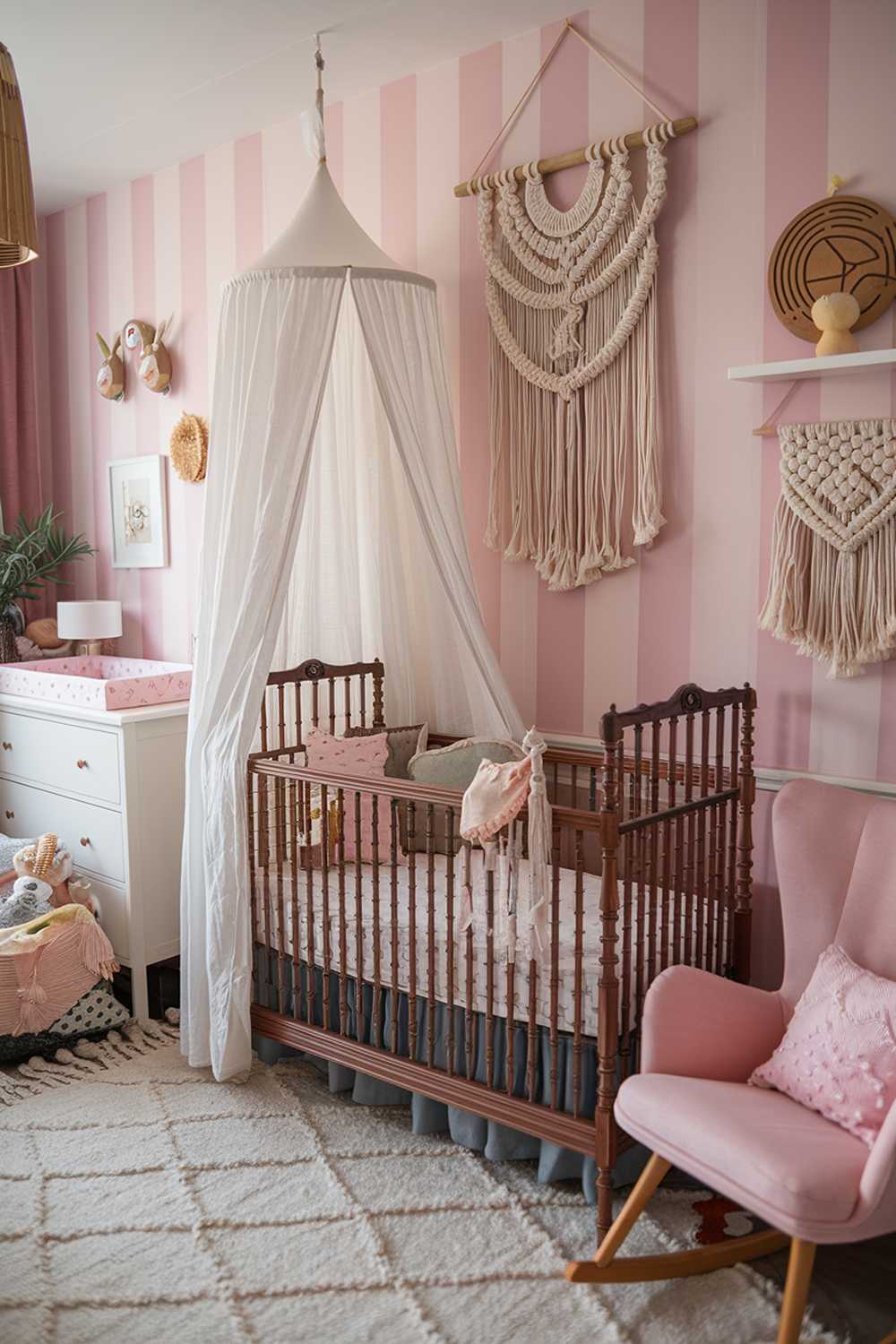 A close-up view of a highly detailed stylish and cozy pink boho nursery room decor. There is a vintage wooden crib with a white canopy, a pink rocking chair, and a white dresser. The walls are adorned with a pink and white striped wallpaper and a variety of wall hangings, including a macrame wall hanging, a wooden sign, and a framed artwork. There is a rug on the floor, and the room has a few decorative items, such as a lamp, a toy, and a plant.