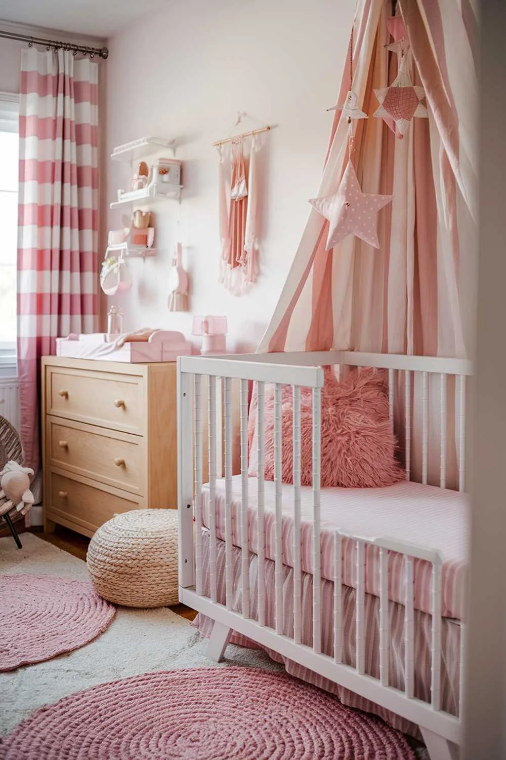 A close-up, highly detailed shot of a stylish and cozy pink boho nursery room decor. There's a white crib with a pink and white striped sheet and a fluffy pink pillow. Above the crib, there's a pink and white star mobile. On the floor, there's a pink and white woven rug. Along the wall, there's a pink and white striped curtain. There's a white wooden dresser with pink and white decorative items. The room has a few pink and white decorative items hanging on the wall. The room has a warm and inviting atmosphere.