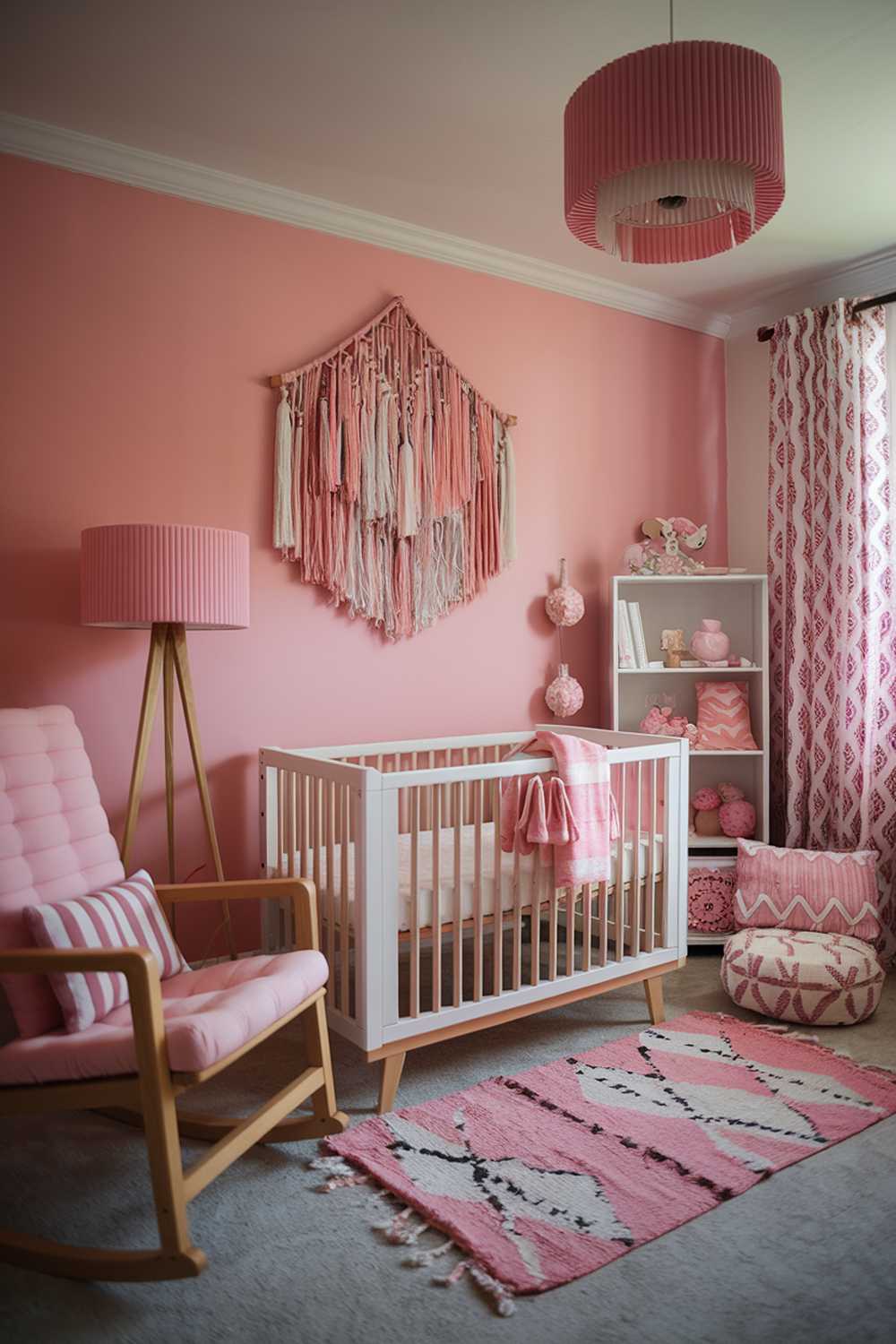 A pink boho nursery room decor. The room has a pink wall with a boho chic pattern. There is a white wooden crib with a pink and white striped cushion. A pink and white rug is placed on the floor. There is a wooden rocking chair with a pink cushion near the crib. A white bookshelf with pink and white patterned items is placed near the crib. There is a pink lampshade on a wooden stand. A few pink and white patterned items are placed on the floor. The room has a soft lighting.