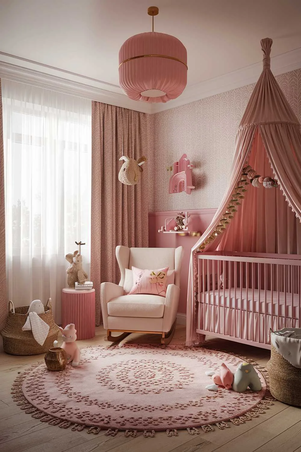 A highly detailed stylish pink boho nursery room decor. The room has a pink and beige color scheme, with a patterned rug, a beige rocking chair, and a pink crib. There are also a few decorative items, including a woven basket, a floral garland, and a few soft toys. The walls have a beige and pink patterned wallpaper. The room has a few windows with curtains.