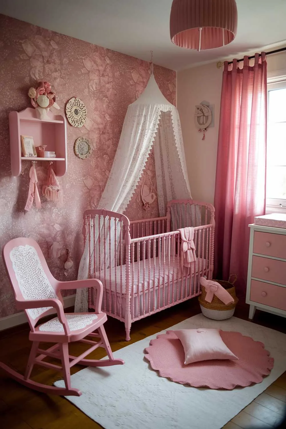 A stylish pink boho nursery room decor. The room has a vintage feel with a mix of modern and rustic elements. There is a pink vintage-style crib with a white lace canopy in the corner. On the left, there's a pink rocking chair with a white lace seat. On the right, there's a white dresser with pink drawers. The wall has a pink floral wallpaper. There are pink curtains near the window. The floor is covered with a white area rug. There are a few pink and white decorative items, including a lampshade, a pillow, and a basket. The room has a warm lighting.