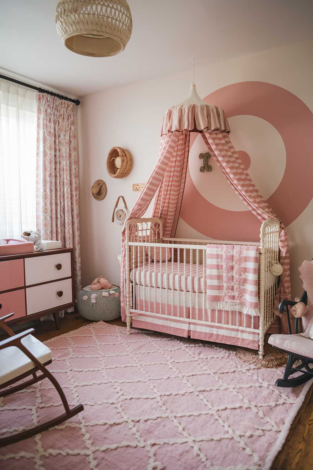 A cozy and stylish pink boho nursery room decor with a highly detailed design. The room features a vintage-style crib with a pink and white striped bedding. There is a vintage-style rocker near the crib. The room has a pink and white patterned rug. There is a wooden dresser with pink and white drawers. The walls are adorned with decorative items, including a large pink and white circle pattern. The room has a patterned curtain.