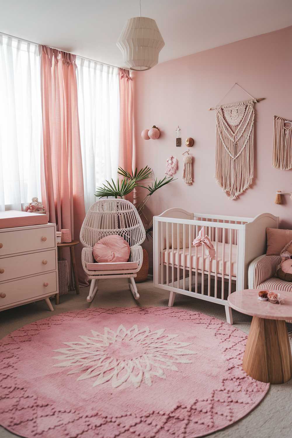 A pink boho nursery room decor. There is a large pink rug with a bohemian pattern. There is a white wooden crib with a pink linen. There is a white wooden dresser with knobs and a pink linen. There is a white rocking chair with a pink cushion. There is a round wooden table with a pink marble top. There are pink and white curtains. The walls are painted a soft pink. There are various decorative items, including a macrame wall hanging, a light fixture, and a plant.